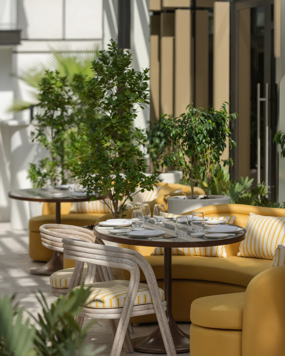 outdoor seating at tutto passa at delano dubai with greenery and yellow couches