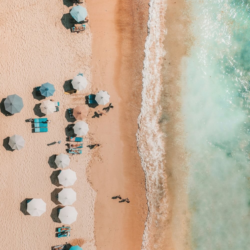 an aerial shot of a beach with umbrellas lining the water