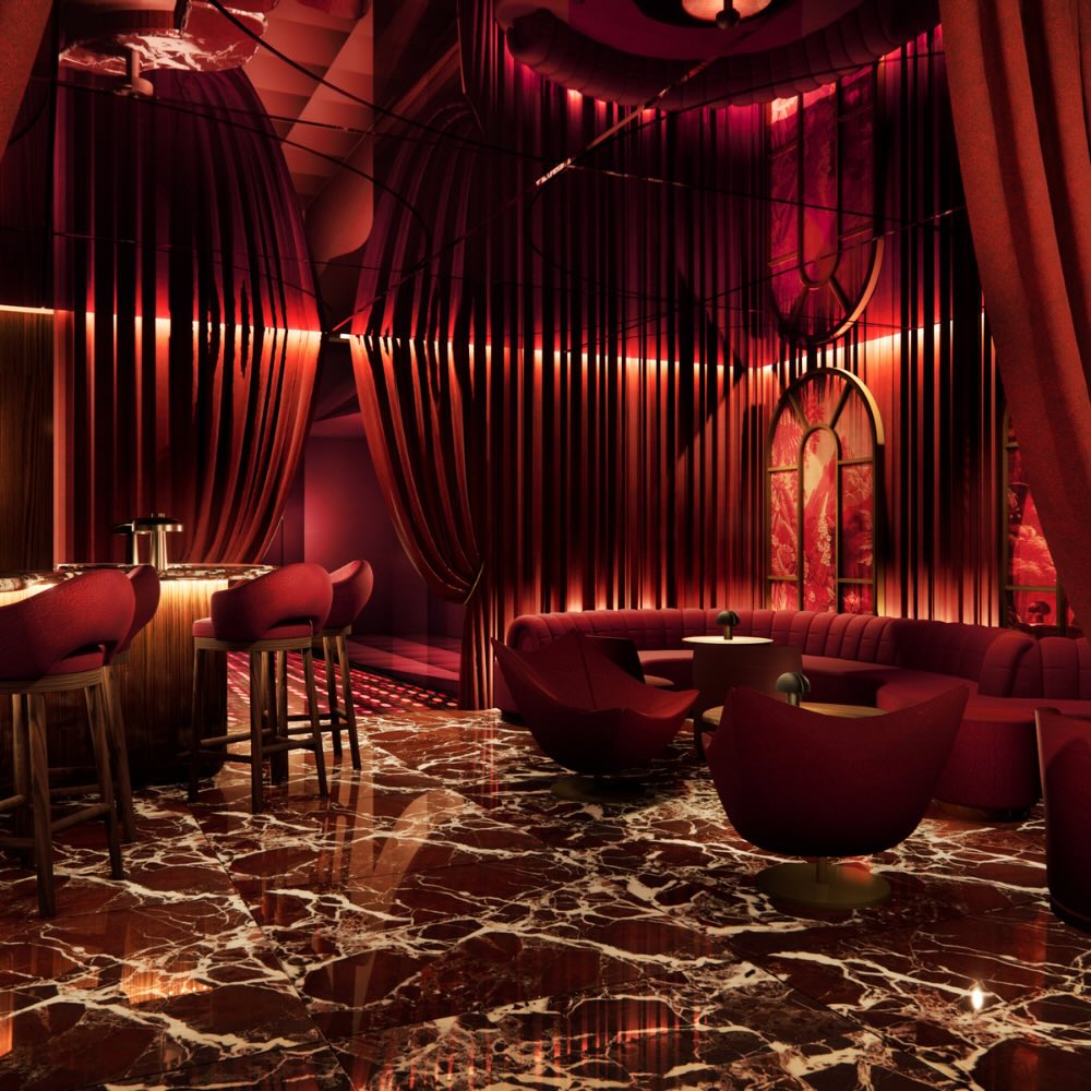 the rose bar at delano dubai which is dimly lit, with red seating furniture and marble floors