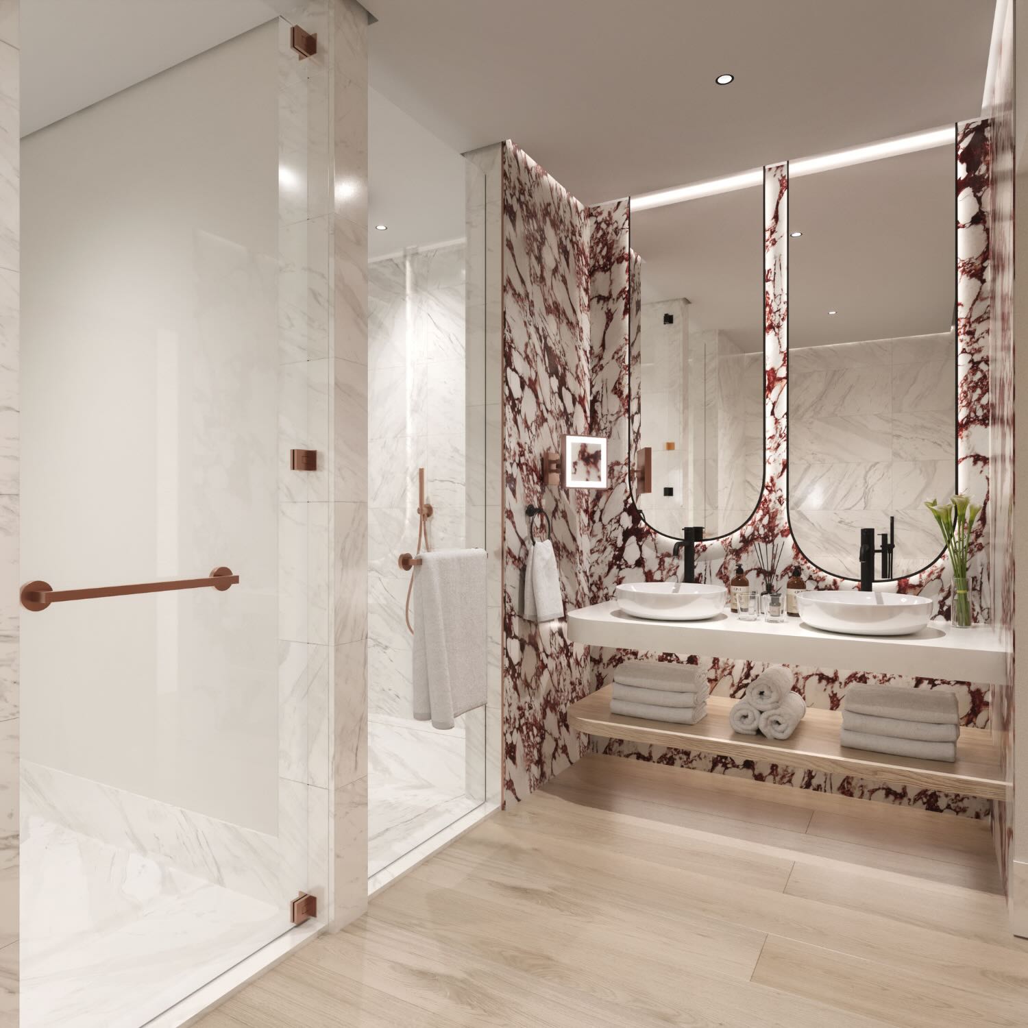 an ornate bathroom with a shower and marble finishes