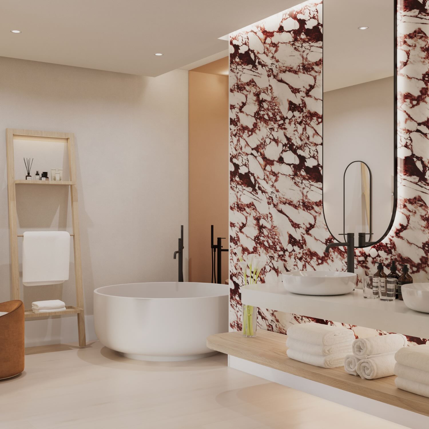 Bathroom with large circular tub and double vanity with marble backdrop