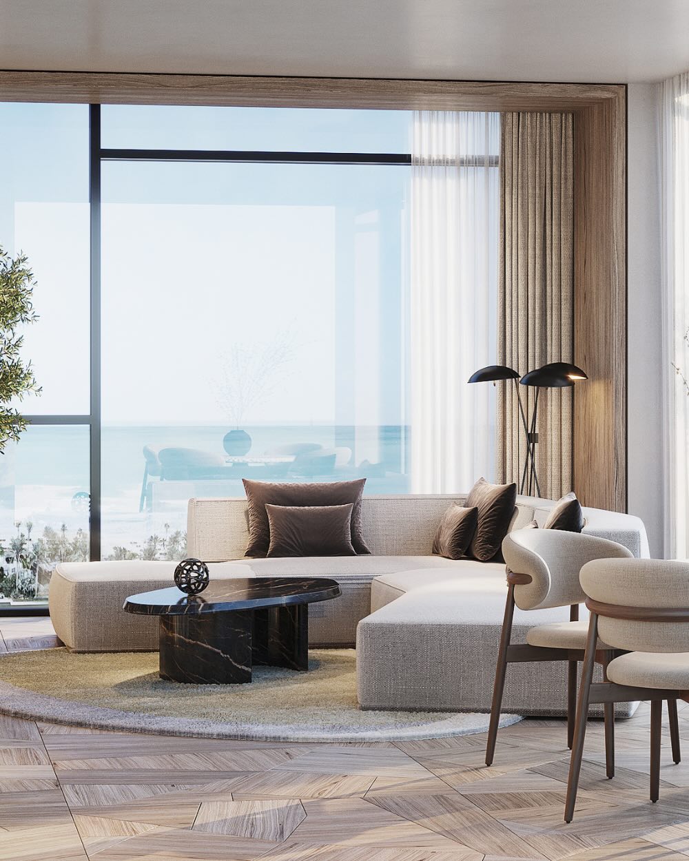 Beautiful views of the sea through floor to ceiling windows from a large open lounge area