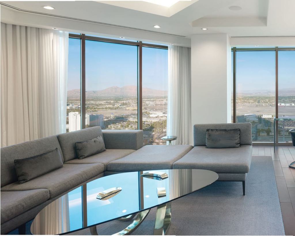 a suite at delano las vegas with floor to ceiling windows