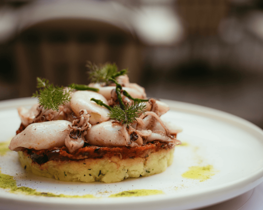 A plate of chipirons, elegantly presented on a white dish, with the blurred greenery of the Delano Café terrace in the background, creating a vibrant yet serene atmosphere.