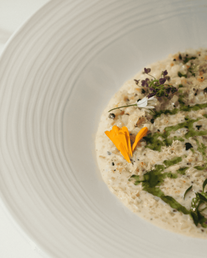 A close-up of a delicate celery risotto, beautifully plated on a white dish and adorned with vibrant edible flowers, offering a refined harmony of textures, colors, and flavors.