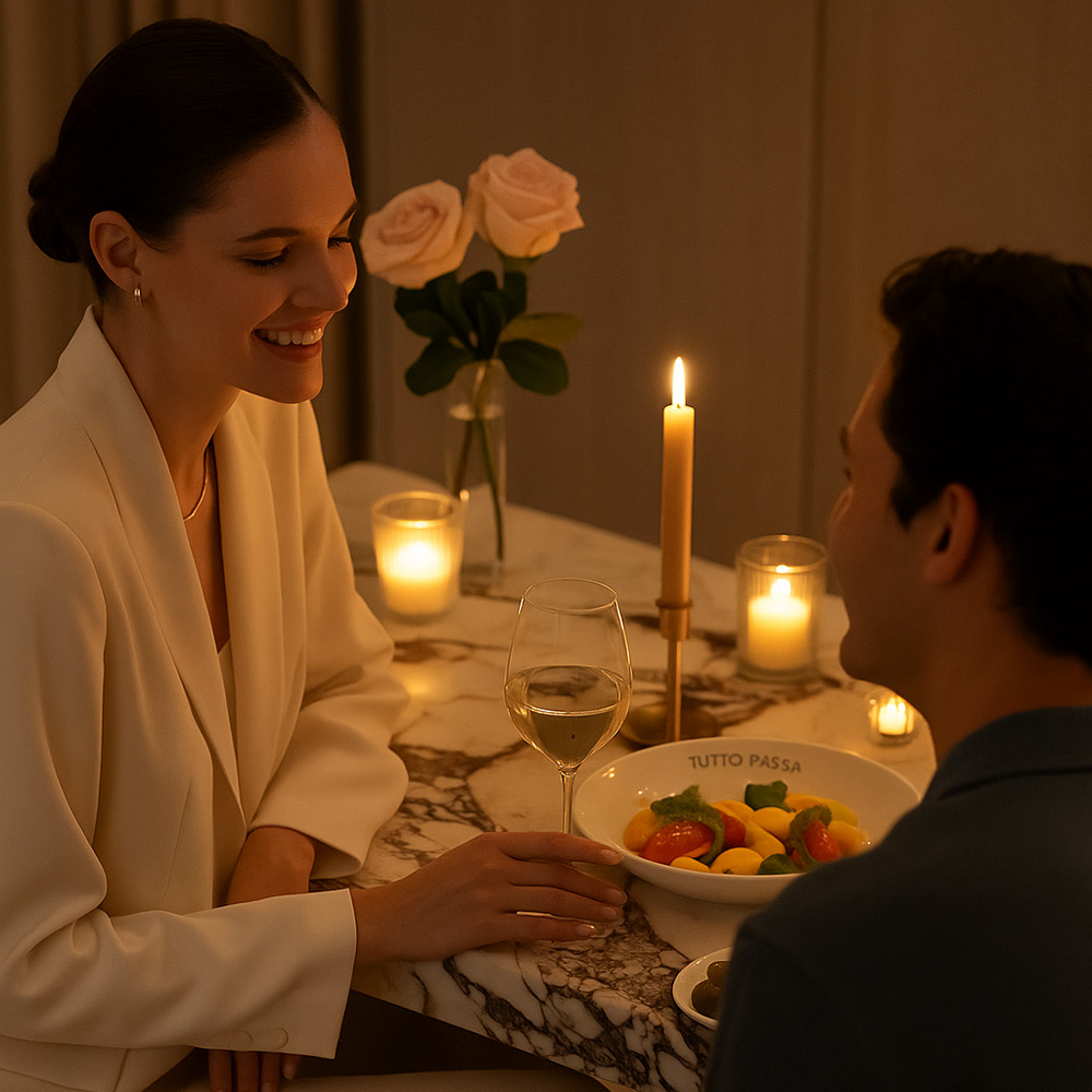 Romantic candlelit dinner setting with a smiling couple enjoying wine and pasta at a marble table, adorned with soft lighting and fresh roses.