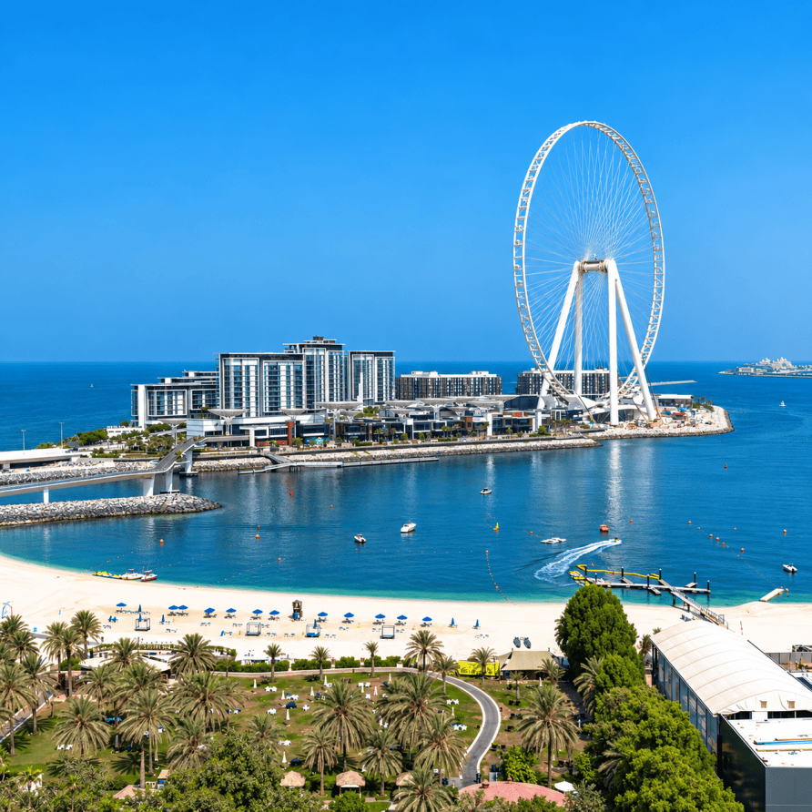 Ain Dubai and Bluewaters Island view by the coast